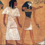 Detail from Papyrus of Ani - a god leads the initiate towards the throne (click for larger view)