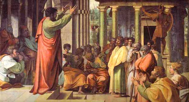 Cartoon for St. Paul Preaching in Athens - Raphael. c1513-1514. Mixed media on paper, mounted on canvas. Victoria and Albert Museum, London, UK.