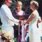 A typical wedding ceremony with handfasting, consisting of tying the hands of the bride and groom together.
